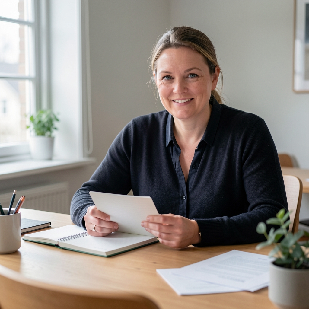 Dansk redaktør med notesbog og råvarekort ved et nordisk arbejdsbord
