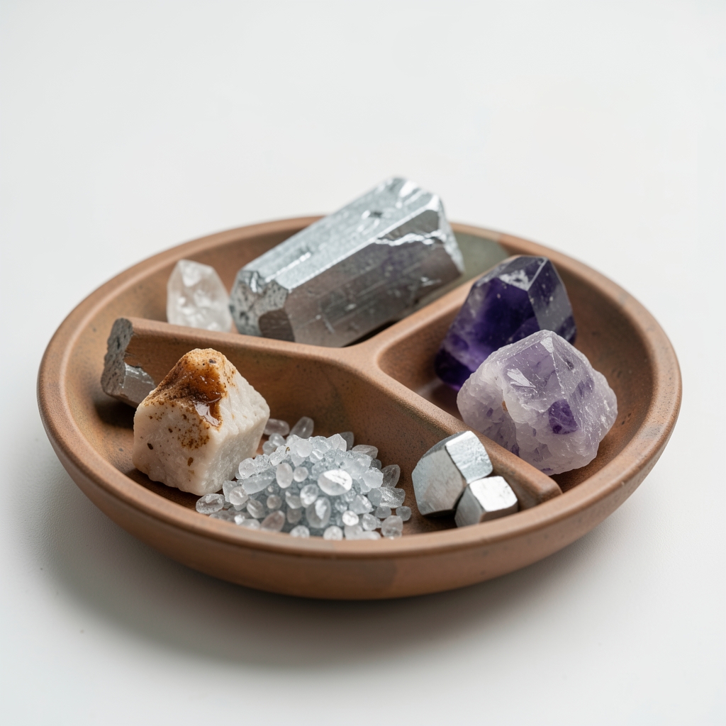 Små skåle med magnesium, zink og naturlige mineralprøver i redaktionelt studie