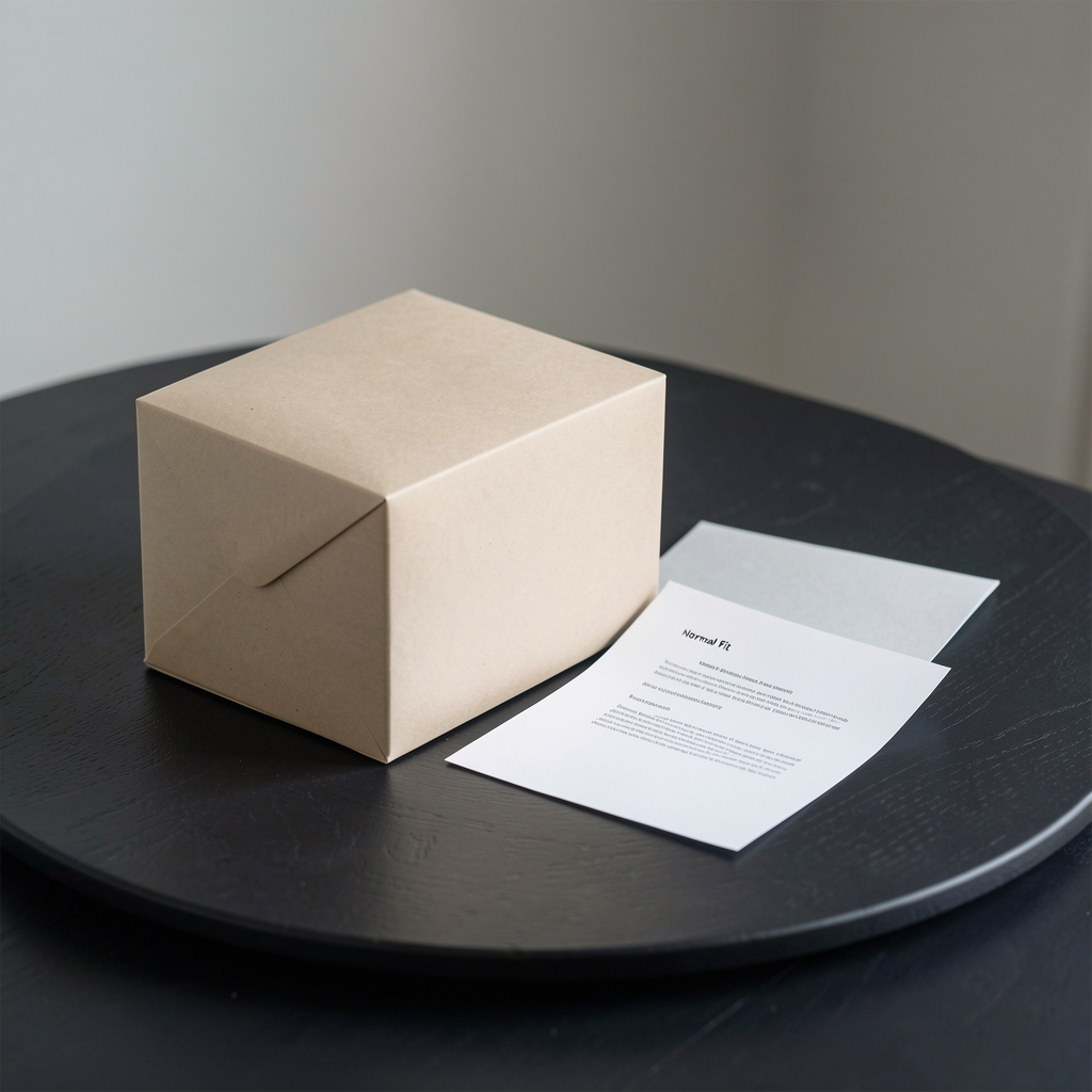 Minimalistisk pakke med Normal fit og følgebrev på mørk bordplade