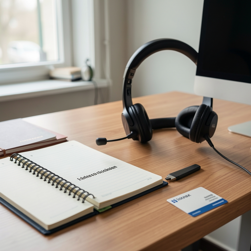 Redaktionel arbejdsplads med headset, notesbog og dansk adressekort