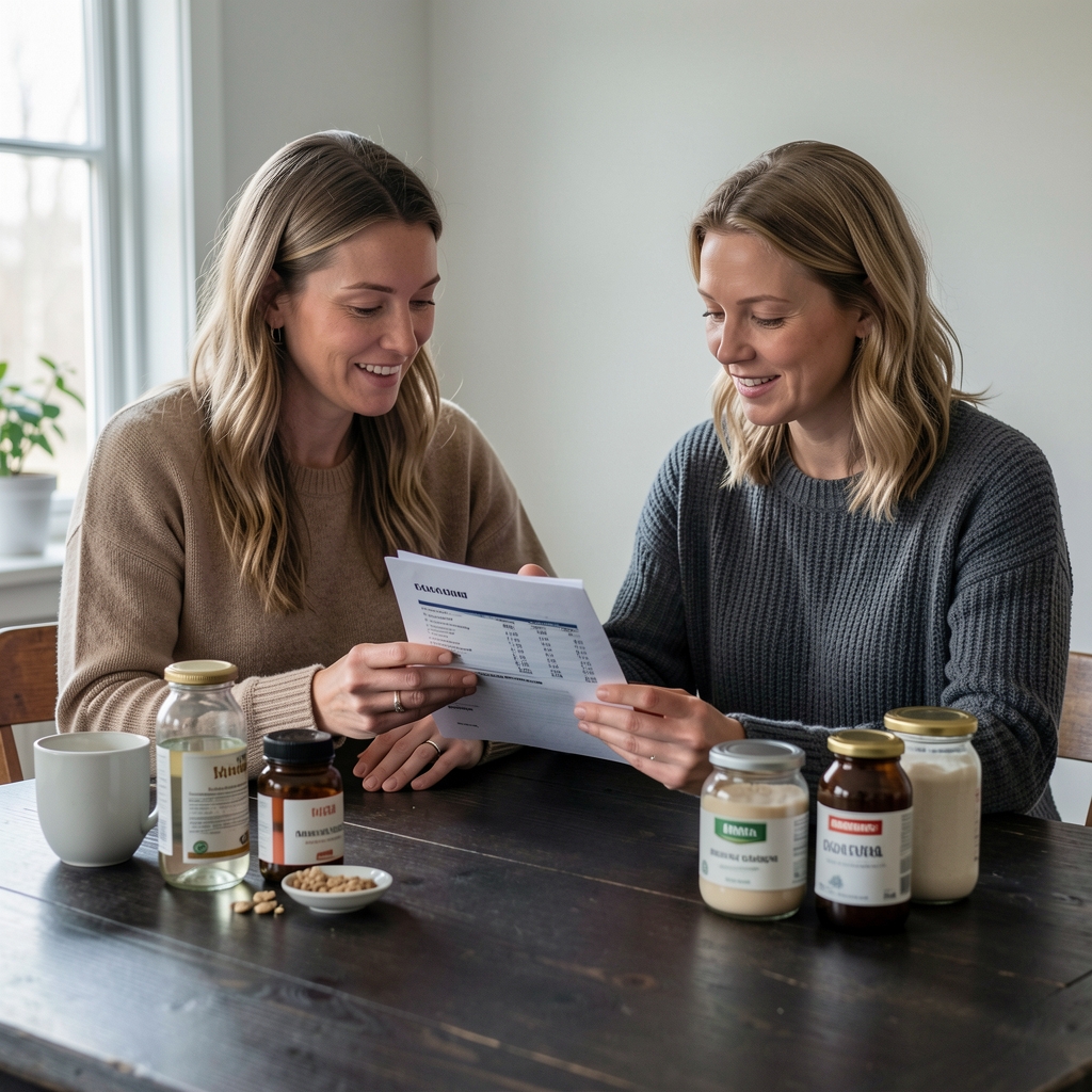Redaktør sammenligner ingrediensliste og ernæringskilder ved et mørkt nordisk bord