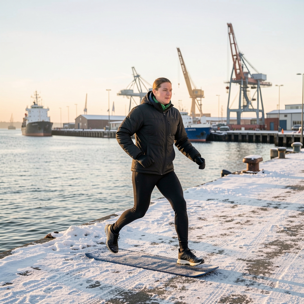 Aktiv person i daglig bevægelsesrutine ved havnefront i dansk vinterlys